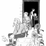 W. W. Denslow illustration of Dorothy, Uncle Henry, and Aunt Em at the Kansas farmhouse in The Wonderful Wizard of Oz.