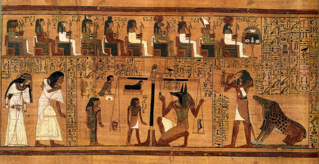 The Weighing of the Heart from the Papyrus of Ani, with Anubis weighing Ani's heart against the feather of Ma'at